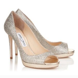 JIMMY CHOO Luna Lame Glitter Platform Peep Toe Pumps in Metallic Pewter